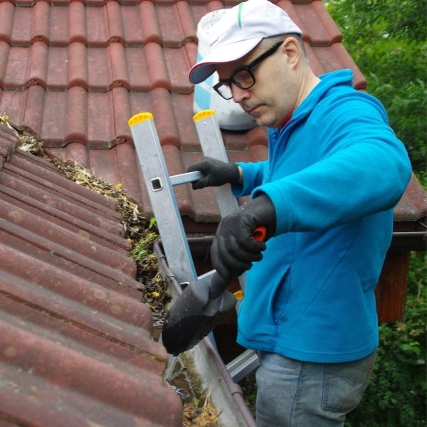 Roofing Guys Brisbane gutter cleaning service removing leaves and debris from residential roof gutter.