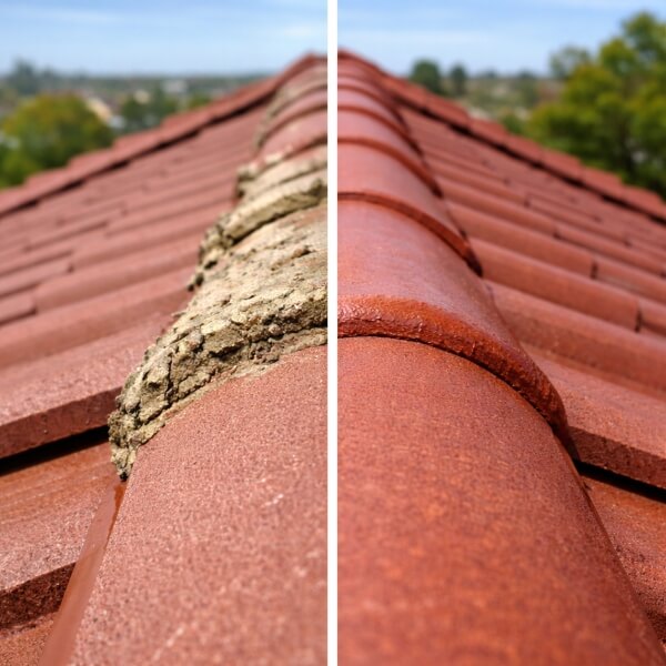 Before and after ridge cap repointing on tiled roof in Brisbane by Roofing Guys Brisbane.