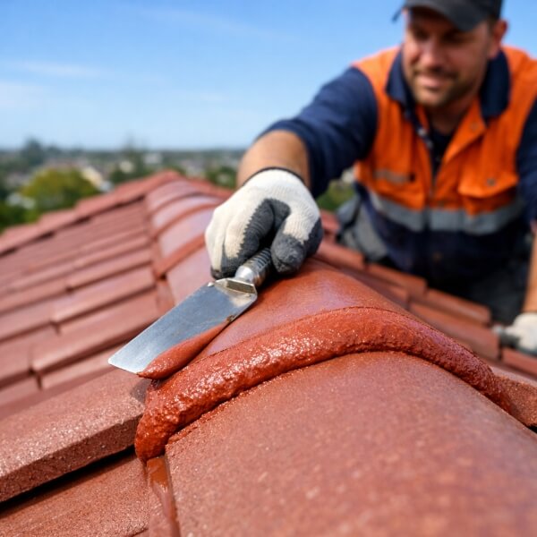 Roofing Guys Brisbane completing roof repointing on tiled roof ridge line in Brisbane conditions.
