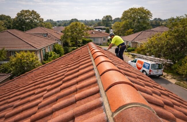 Roofing Guys Brisbane working on ridge cap repointing across tiled roof in Brisbane suburban home.